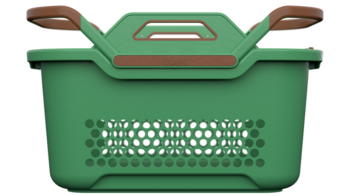 A plastic storage basket with a green-colored body and brown handles, shown from a front-facing perspective on a solid white background.
