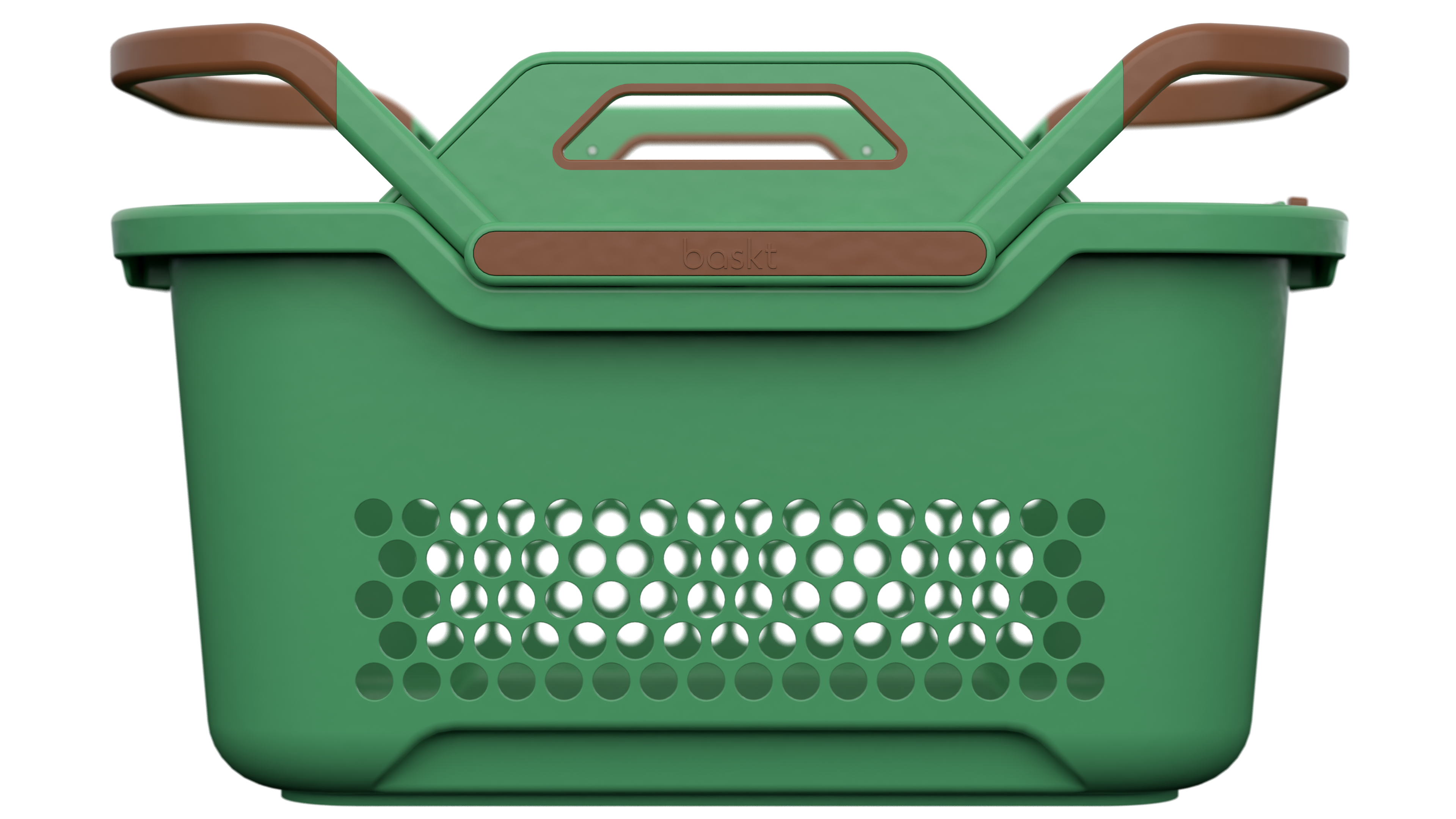 A plastic storage basket with a green-colored body and brown handles, shown from a front-facing perspective on a solid white background.
