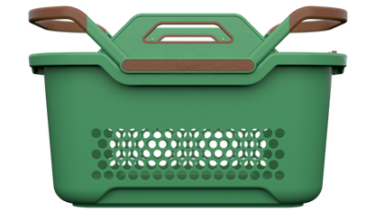 A plastic storage basket with a green-colored body and brown handles, shown from a front-facing perspective on a solid white background.