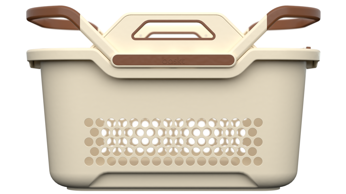 A plastic storage basket with a cream-colored body and brown handles, shown from a front-facing perspective on a solid white background.
