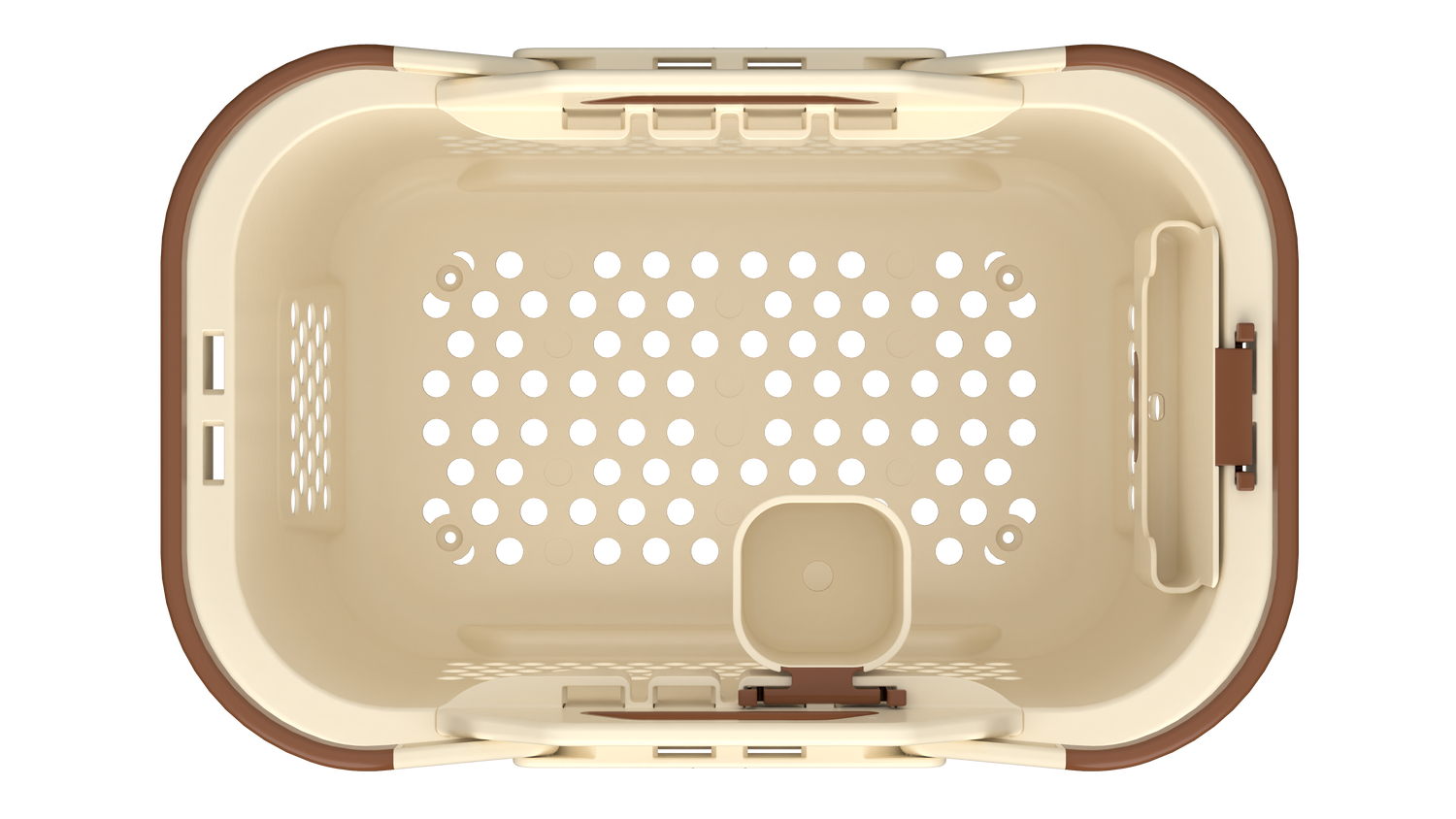 Top-down view of a shopping basket with a cream-colored interior, brown outer trim, and a matching brown latch on the right side, isolated on a white background. Inside are two accessories, a cup holder and phone holder in matching colors.