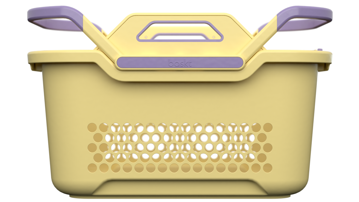 A plastic storage basket with a yellow-colored body and purple handles, shown from a front-facing perspective on a solid white background.