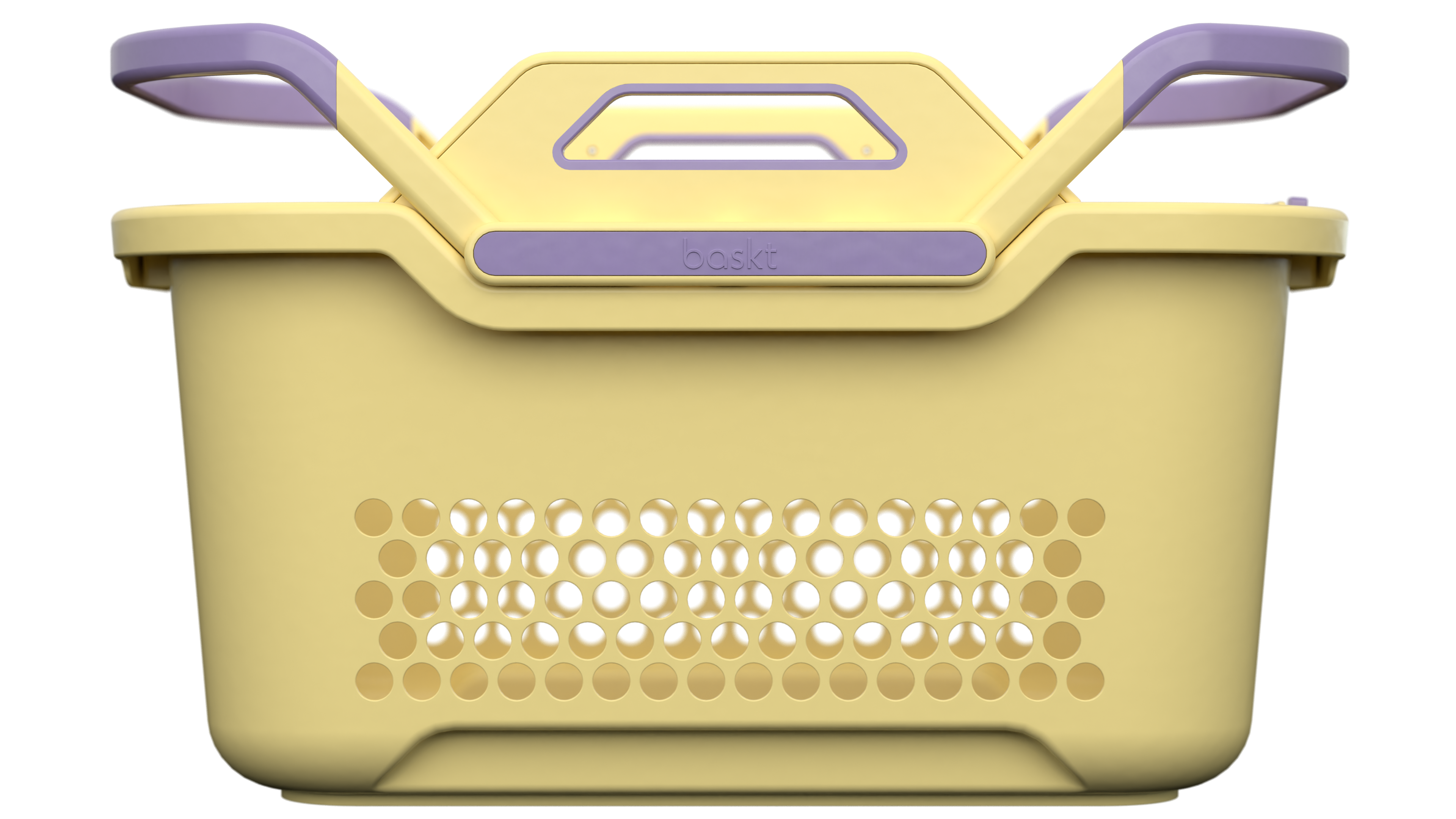 A plastic storage basket with a yellow-colored body and purple handles, shown from a front-facing perspective on a solid white background.