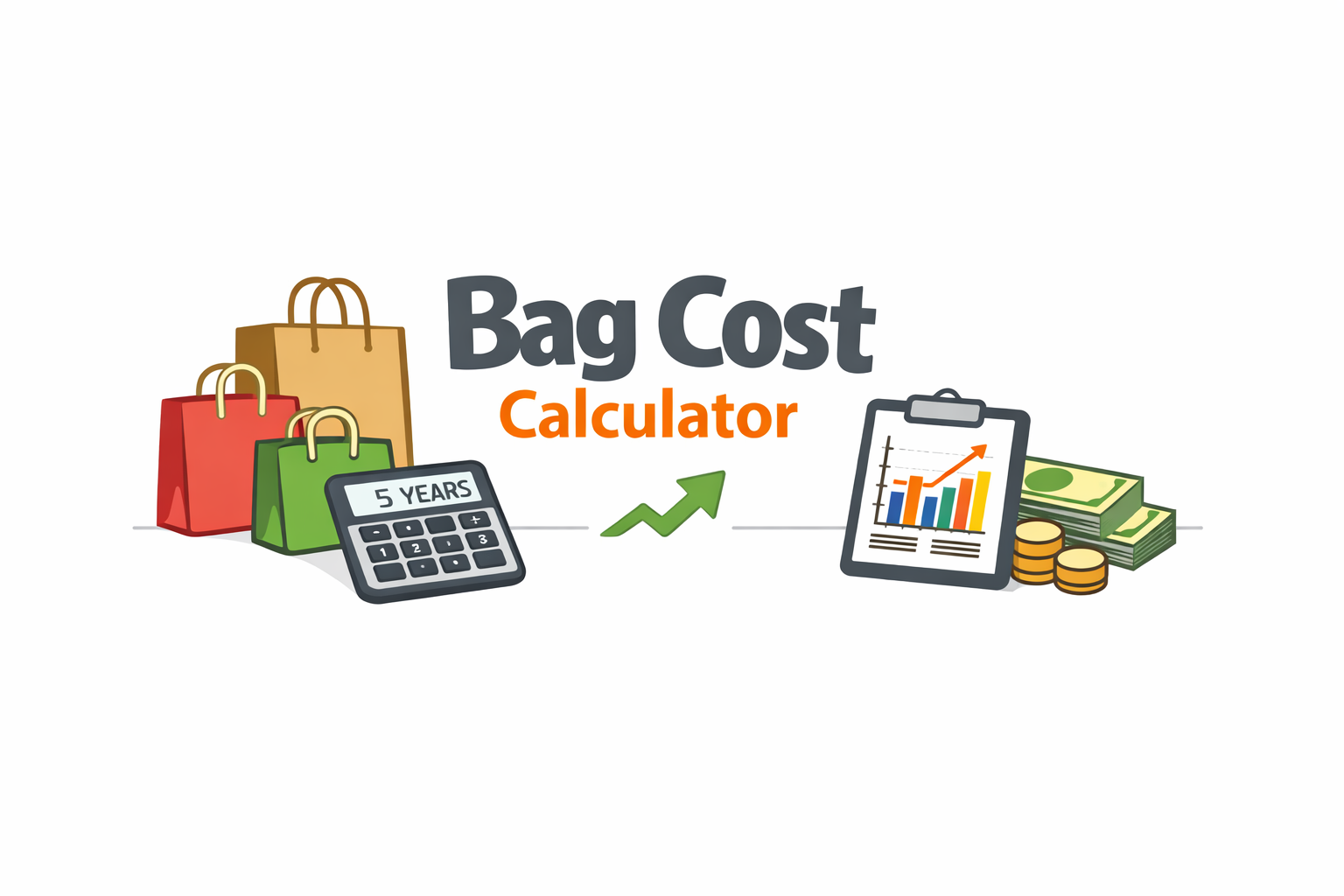 This image shows bags with a calculator. The text reads "Bag Cost Calculator" and there is a visual representation of money and cost. 
