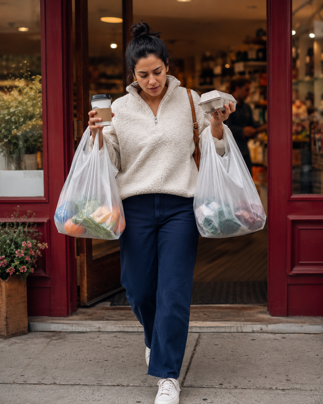 A photo of a young woman leaving the store with 2 plastic bags and a coffee in one hand and a carton of eggs in the other. Demonstrating the difficulty of carrying with bags.